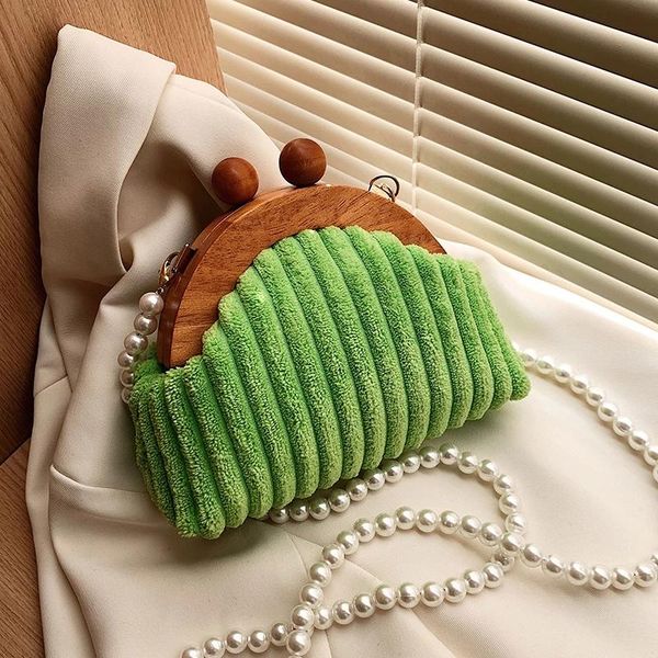 

evening bags corduroy plush wooden clip shell crossbody messenger bag mini luxury women's designer handbag pearl strap