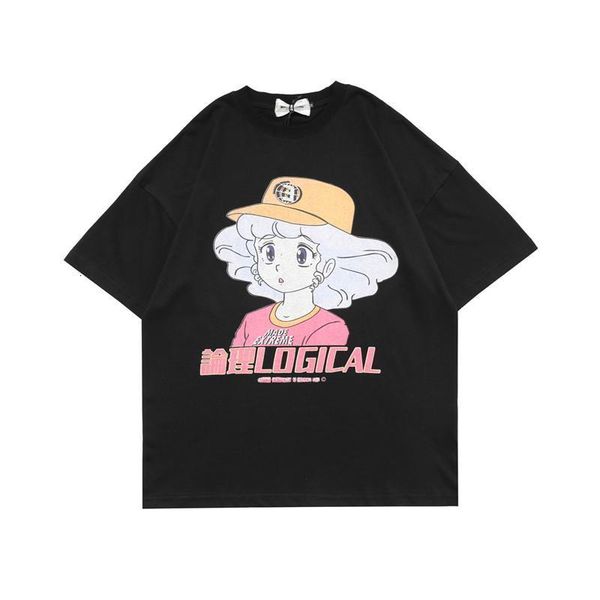 

japanese streetwear short sleeve t shirt cartoon anime printed hip hop oversized tshirt casual cotton summer harajuku tees, White;black