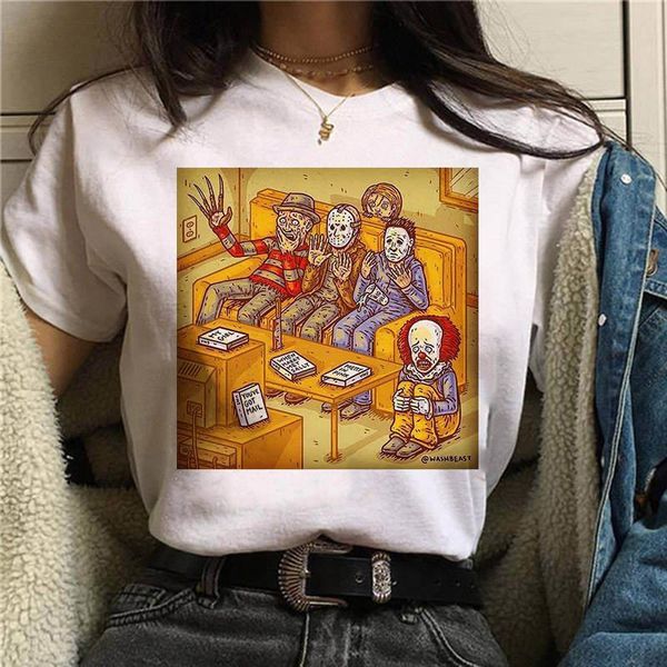 

halloween shirt horror characters summer new cartoon printed t-shirt women friends 90s girls fashion o-neck, White