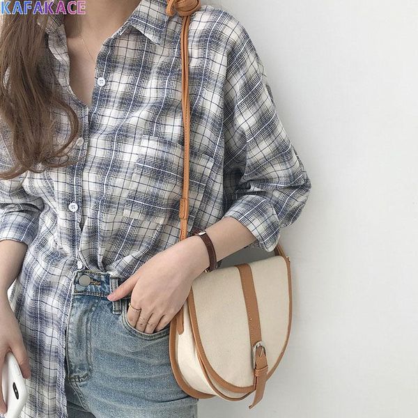 

kafakace 2020 blouses shirts women plaid print loose cardigan autumn lady sweet elegant vintage blouse fashion new clothing, White