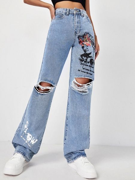 

letter & figure graphic ripped detail jeans 32hu#, Blue