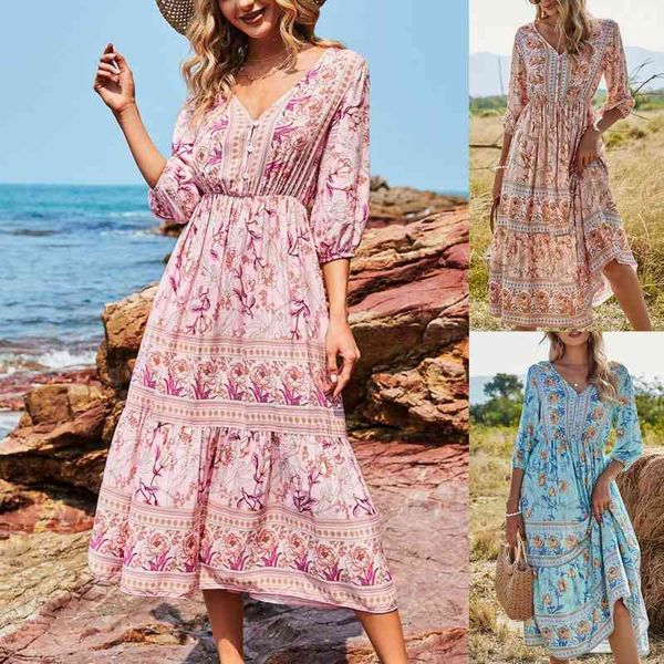 

Long Wrap Dress Summer Boho Floral Print Long Skirt Beach Dress Sexy V-neck Party, Black;gray