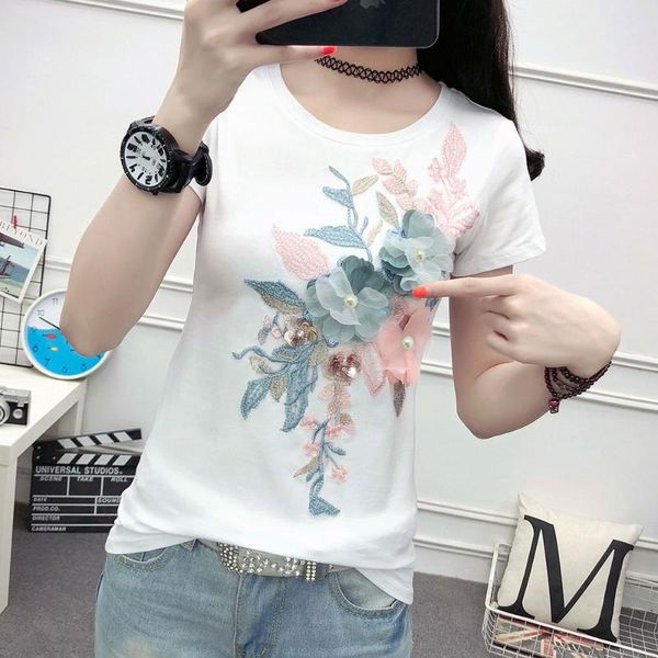 

2021 summer tee shirt floral embroidery beading flower women o-neck short sleeve girls' cotton t-shirts, White