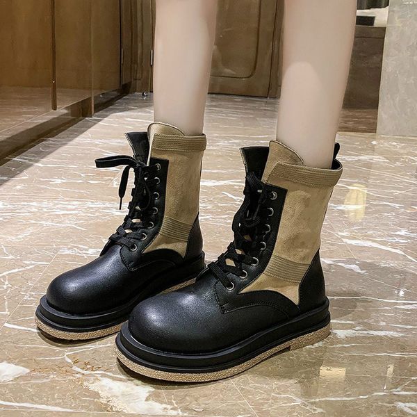 

плюс размер кожа женских platfom ботильоны 2020 мода кружево-up плоских зимы женщин warm коренастой обувь леди повседневная обувь, Black