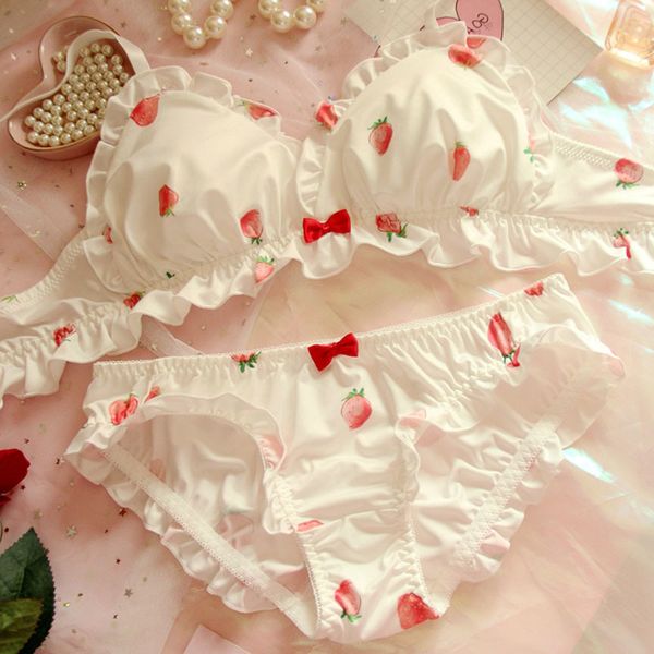 

strawberry cute japanese milk silk & panties wiresoft underwear kawaii lolita bra and panty set pink lingerie, Red;black