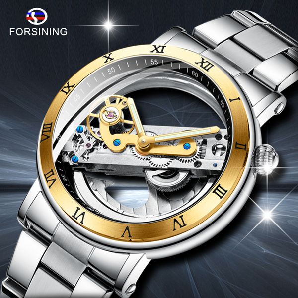 

forsining new men automatic mechanical watches brand luxury stainless steel watch skeleton transparent sport male wristwatch 201113, Slivery;brown