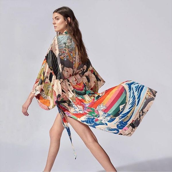 

summer kimono bikini cover up women blouse shirt boho beach wear long vestidos chic japanese floral print robe 2021, Black;gray