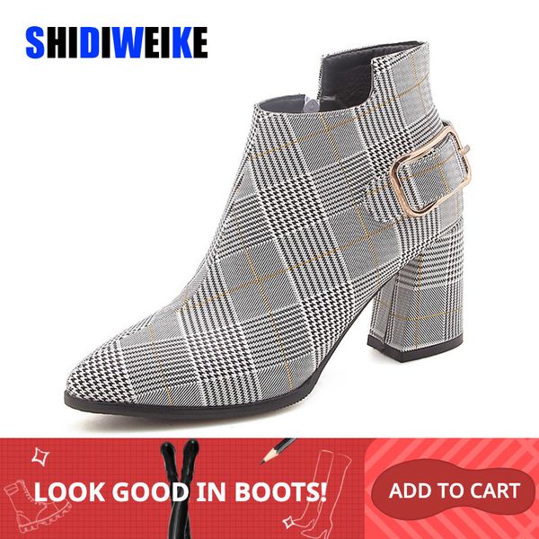 

2020 large size women boots fashion plaid pointed toe high heels women's shoes autumn winter ankle boots female n245 t200425, Black