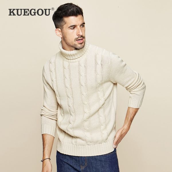 

kuegou autumn cotton khaki turtleneck sweater men pullover casual jumper for male brand knitted korean style clothes 19006 201118, White;black