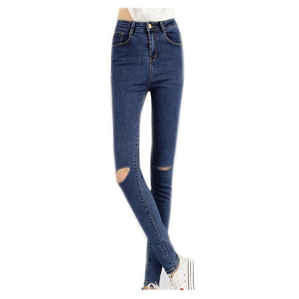 

tkoh woman's jeans pants womens fall fashion female denim stretch skinny hole ripped pencil high waist1, Blue