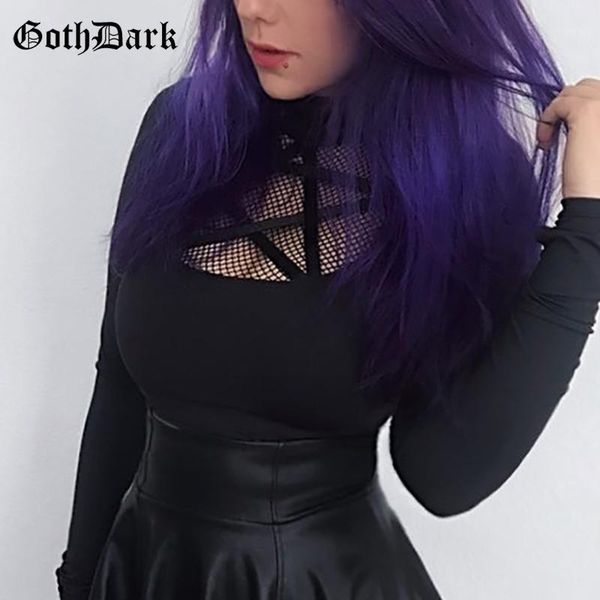 

goth dark punk grunge gothic t-shrits harajuku pentagram mesh long sleeve autumn 2020 hollow out patchwork tshirt navel vintage1, White
