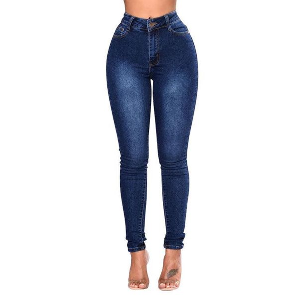 

women's jeans high waist women buttons female pant slim elastic plus size stretch fashion denim blue skinny pencil pants