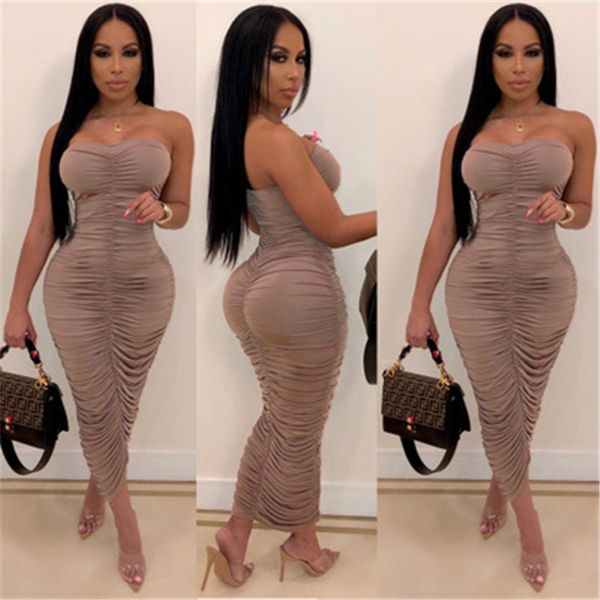 Womens Vestidos Sexy Strapless Bodycon Irregular Ruched vestido longo Verão Fashion Trend Folds Casual Party Club Roupa Mulheres