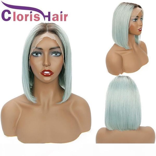 

rose blue ombre glueless human hair bob wig 13x4 pixie cut short lace front wigs for black women full brazilian remy straight colored wig, Black;brown