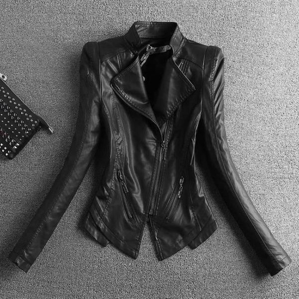 

Spring Autumn 2021 New Short Leather Jacket with Long Sleeves 7sze, Black