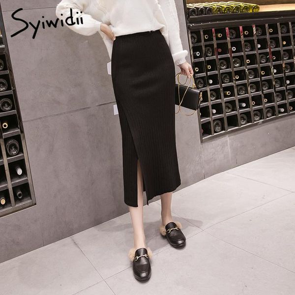 

skirts syiwidii split women ribbed knitting autumn winter empire a-line package hip stretch midi womens black beige