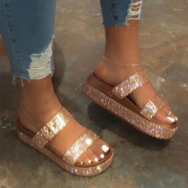 

slippers women flat platform bling crystal slides female plus size summer beach shoes ladies outside women's flip flops1, Black