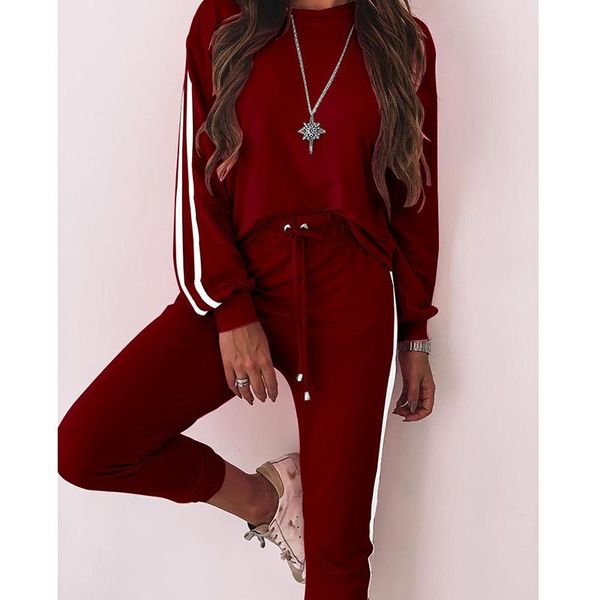 

2pcs women autumn suit solid color stand collar long sleeve + drawstring tie-waist casual pants for sports girls, White;black