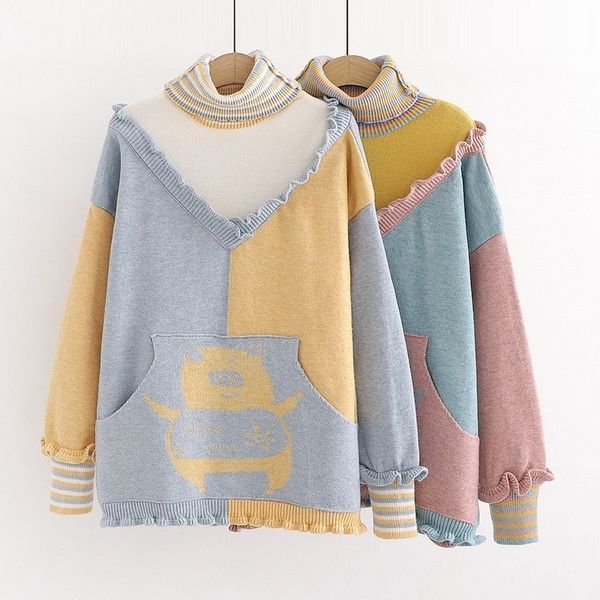 

autumn winter fashion color block loose pocket sweater cute cartoon pig ruffle lanterns sleeve turtleneck pullover women y200720, White;black