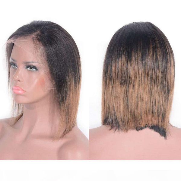 

mongolian lace front wig 130% density straight human hair bob wig 1b 4 27 short hair wigs, Black;brown