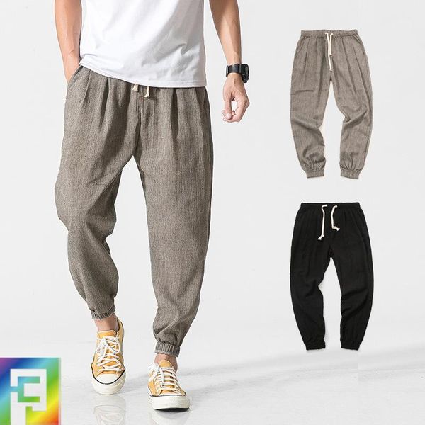 

cotton and linen plus size male harem pants 2020 summer fashion beam feet jogging sports pants harajuku loose men track1, Black