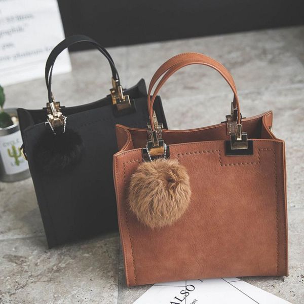 

bag female new casual fashion trend retro ladies handbag simple shoulder bag messenger with fur ball
