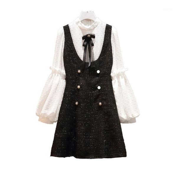

perhaps u tweed stand collar chiffon tweed patchwork bow button puff sleeve long sleeve mini dress d15941, Black;gray