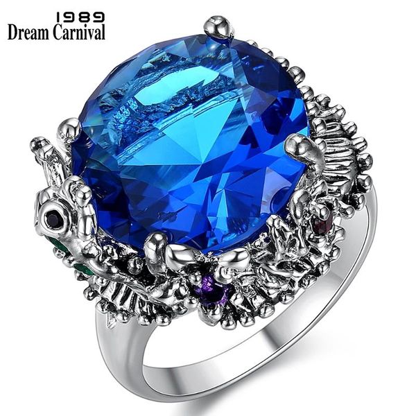 

cluster rings dreamcarnival 1989 big blue cubic zirconia ring for wedding anti rhodium color royal crown look women party jewels wa11544, Golden;silver