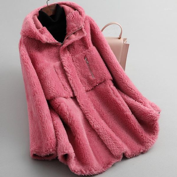 

women's fur & faux coat female autumn winter real clothes 2021 korean vintage sheep shearing jacket women elegant wool hiver 05lw21491, Black