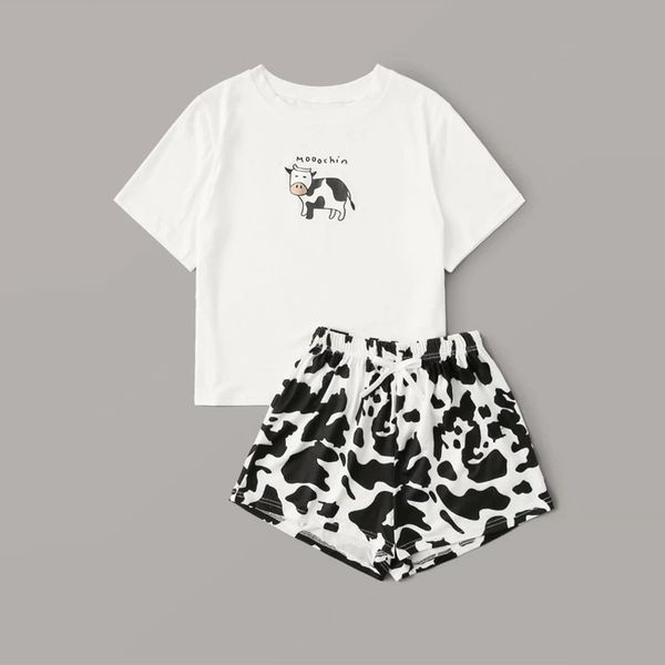 

cow letter printed nightgowns women summer new cotton pajama set female 2020 casual short sleeve t-shirt and shorts home clothes t200701, Black;red