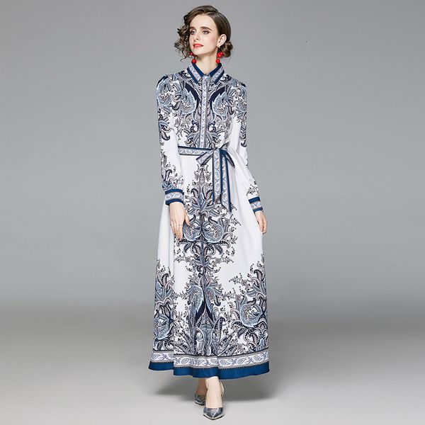 

2021 new fashion designer retro flower print shirt women sleeve single-breasted high waist long maxi es for female t8mm, Black;gray