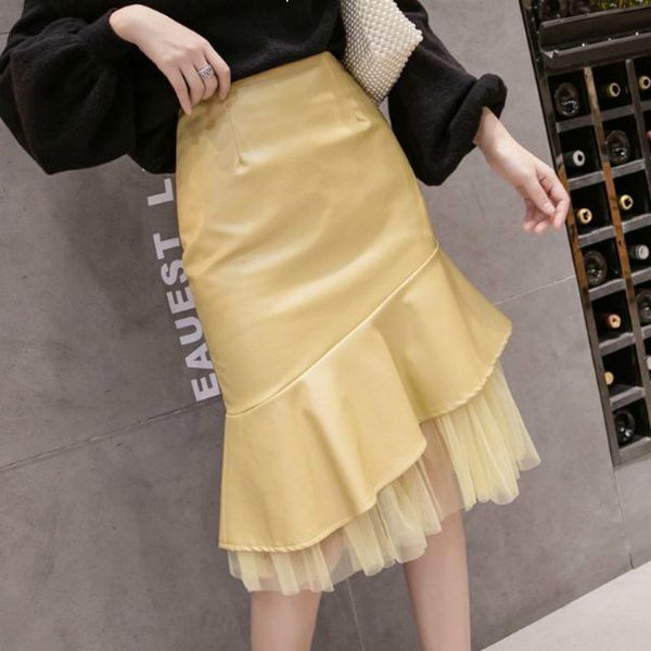 

2021 spring new autumn sewing leather of plutonium fishtail skirt high woman mujer female y413 bndx, Black