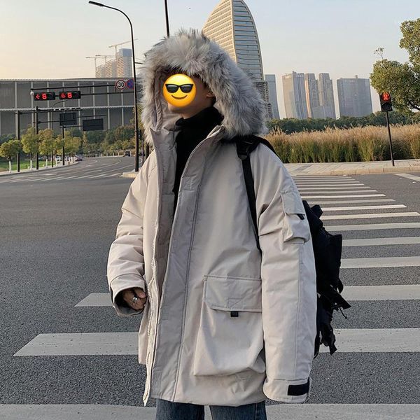 

2019 winter new trend couple three-dimensional pocket big fur collar tooling loose version thick student casual cotton coat1, Black