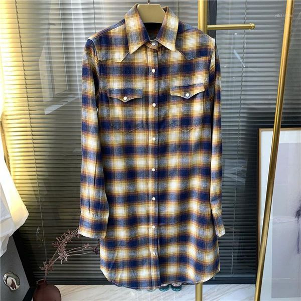

2021 autumn and winter cotton yellow plaid loose shirt mid-length1, White