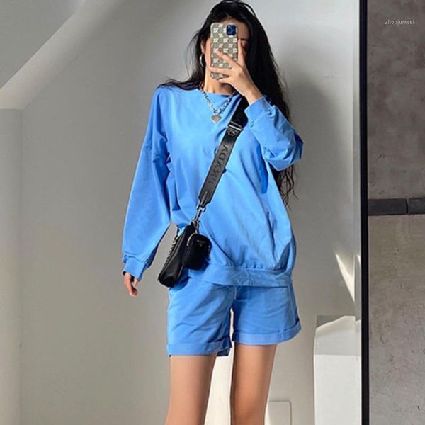 

europe autumn new street loose casual sweatshirt high waist cotton simple + drawstring shorts two pieces set w9xk1, Gray