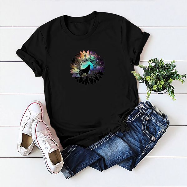 

lh20515 summer new personality sunflower pattern printing casual loose wild round neck comfortable long-sleeved t-shirt women, White