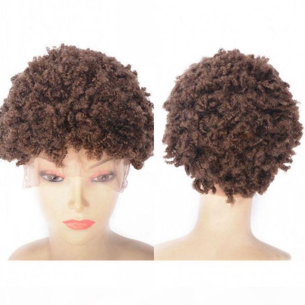 

peruvian lace front wig 27# tight kinky curly short human hair wigs for black women swiss lace cap, Black;brown