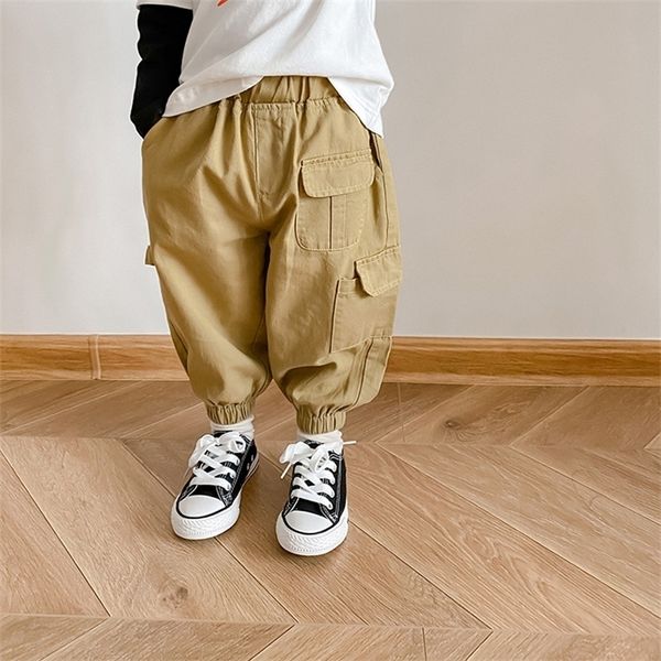 

spring autumn boys fashion many pockets cargo pants children casual 3 colors ankle-tied trousers 1- lj201019, Blue