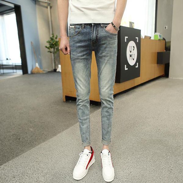 

2020 spring new blue slim feet jeans fashion casual thin section slim hole pants korean version