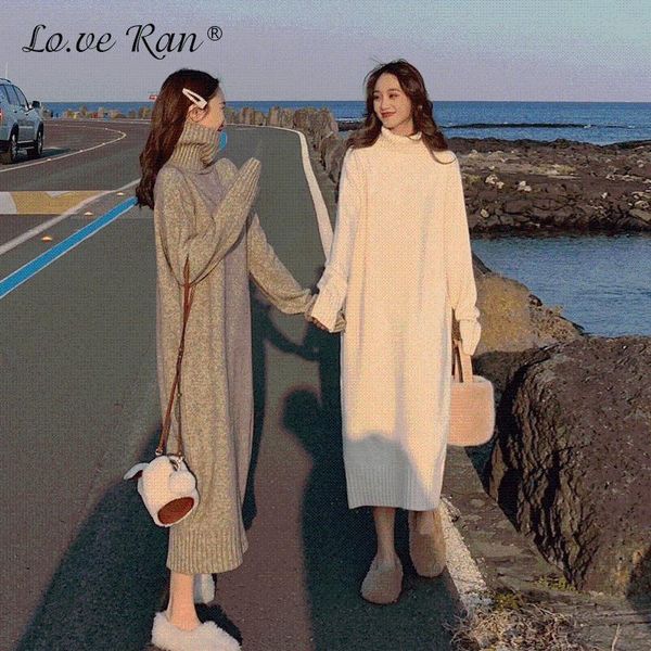 

korean turtleneck long sweater dress women loose solid long sleeve warm knitted dress female 2021 autumn winter ladies vestidos, Black;gray