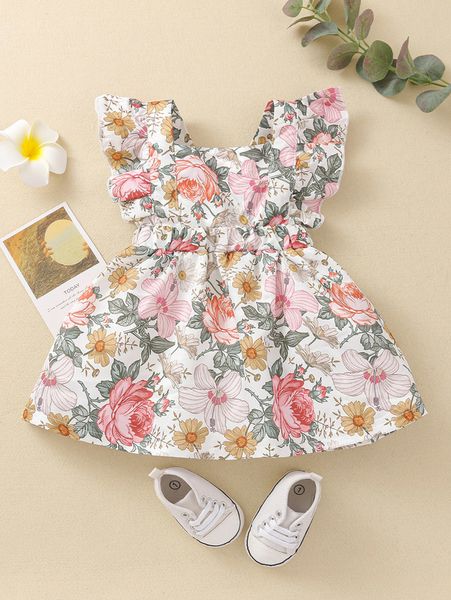 

baby girl allover floral ruffle a-line dress she, Red;yellow