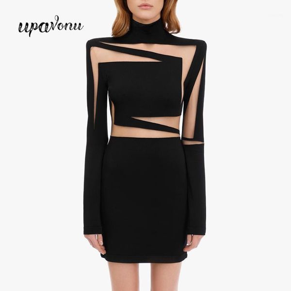 

summer 2020 women's bandage dress black turtleneck long sleeve openwork mesh patchwork bodycon mini dress club party1, Black;gray