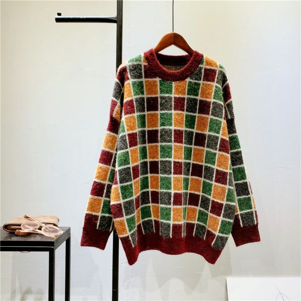 

2021 new autumn o-neck long sleeve plaid warm sweater fashion winter casual women pullovers pull femme j99f, White