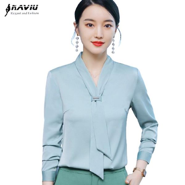 

v neck chiffon shirt women design autumn new temperament high-end satin long sleeve streamer blouses office ladies work, White