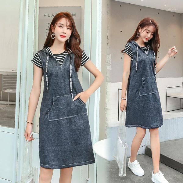

casual dresses summer style women plus size fashion loose striped t-shirt+ hooded vest jeans dress for denim two-piece1, Black;gray