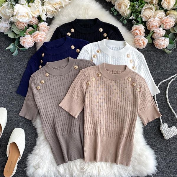 

short sleeve o neck sweater shirts with decorated buttons girls stretchy crop sweaters pullovers for women, White;black