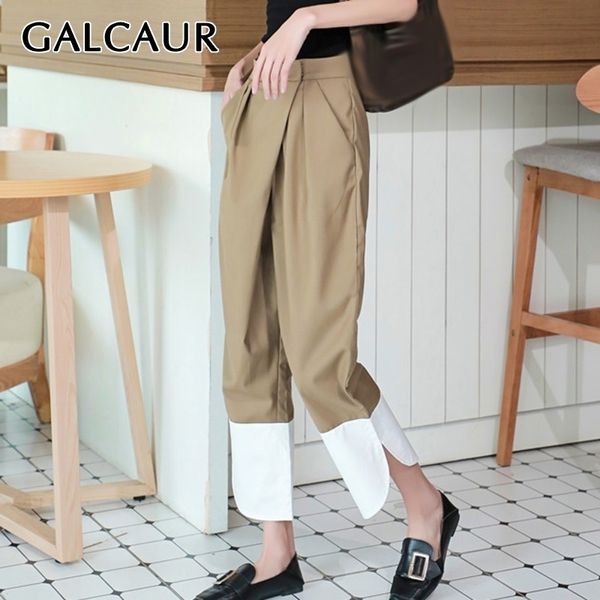 Galcaur coreano elegante pant para mulher cintura alta bolso bolsa de retalhos de cor grande tamanho grande harem longa calças feminina moda 201106