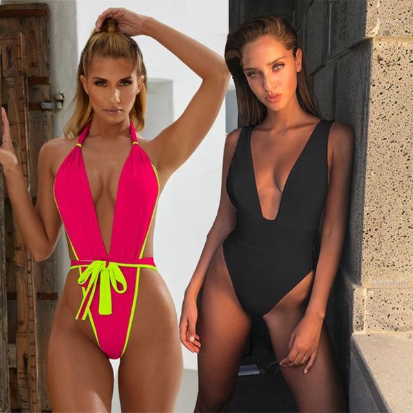 

new thong swimsuit one piece women bathing suits halter monokini 2019 mujer swimwear front tie backless solid tanga trikini1, White;black