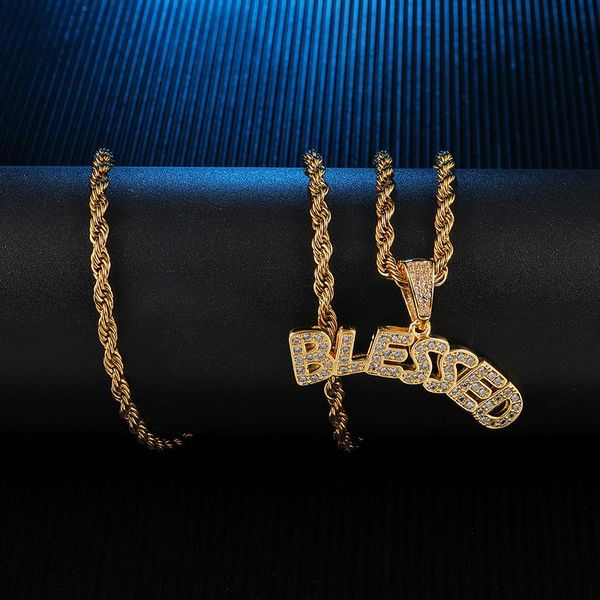 

pendant necklaces us7 bling iced out letters blessed pendant&neckalces micro paved rhinestoned pendants for man hip hop jewelry, Silver