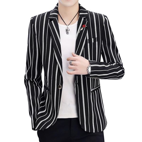 

men's suits & blazers spring black and white stripes slim trend handsome suit jacket / 2021 youth vertical blazer, White;black
